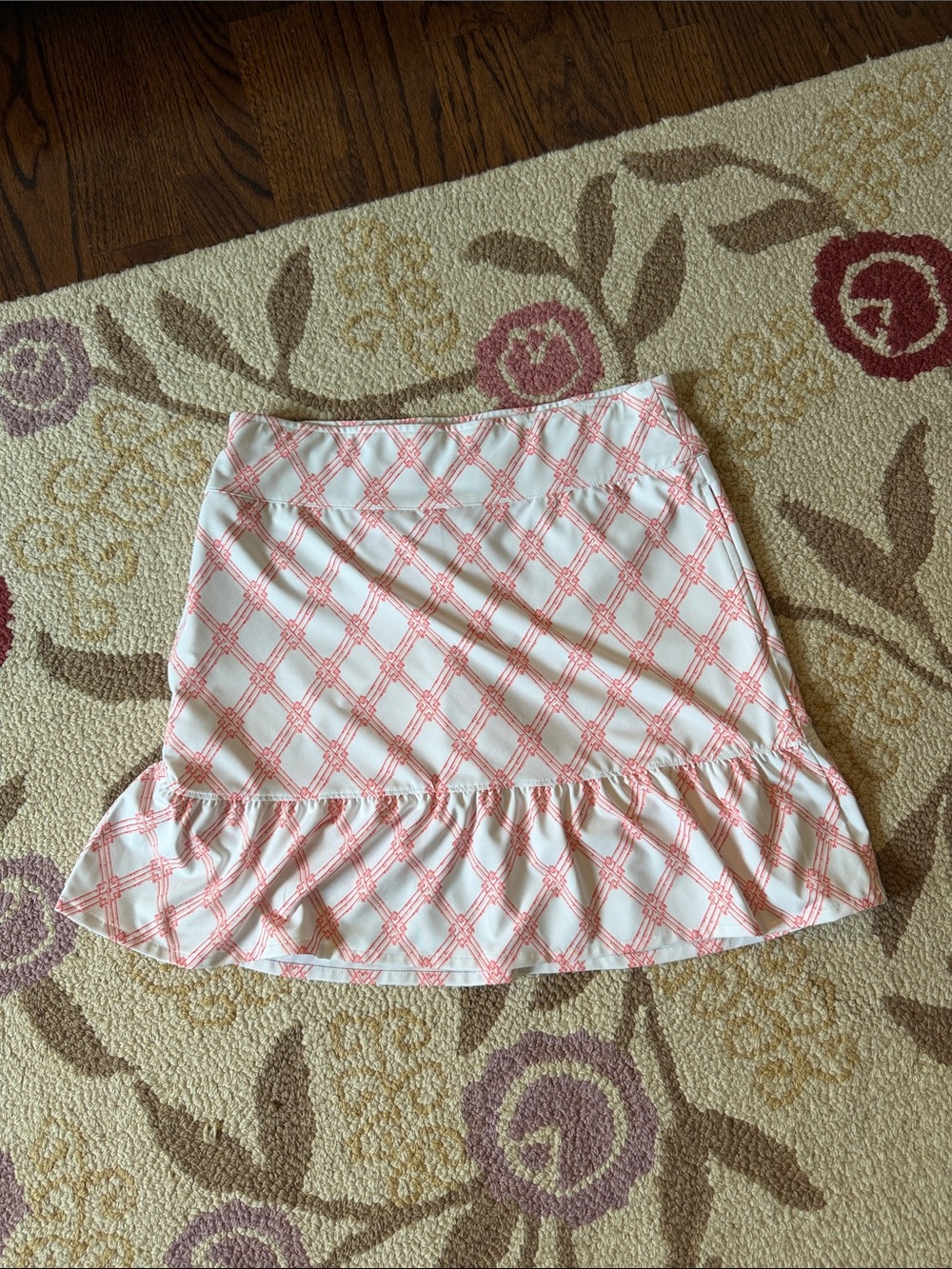 Fairway & Greene White and Coral Plaid Ruffle-Hem Mini Skirt